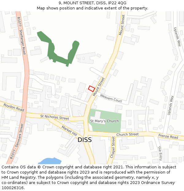 9, MOUNT STREET, DISS, IP22 4QG: Location map and indicative extent of plot