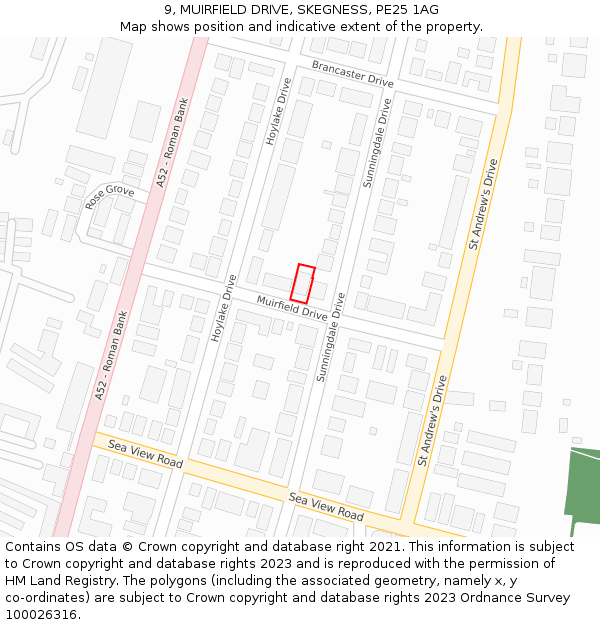 9, MUIRFIELD DRIVE, SKEGNESS, PE25 1AG: Location map and indicative extent of plot