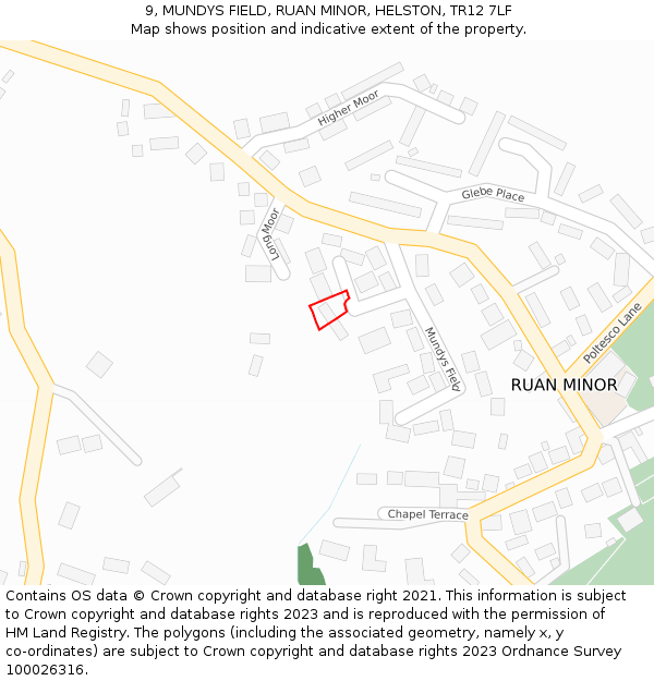 9, MUNDYS FIELD, RUAN MINOR, HELSTON, TR12 7LF: Location map and indicative extent of plot