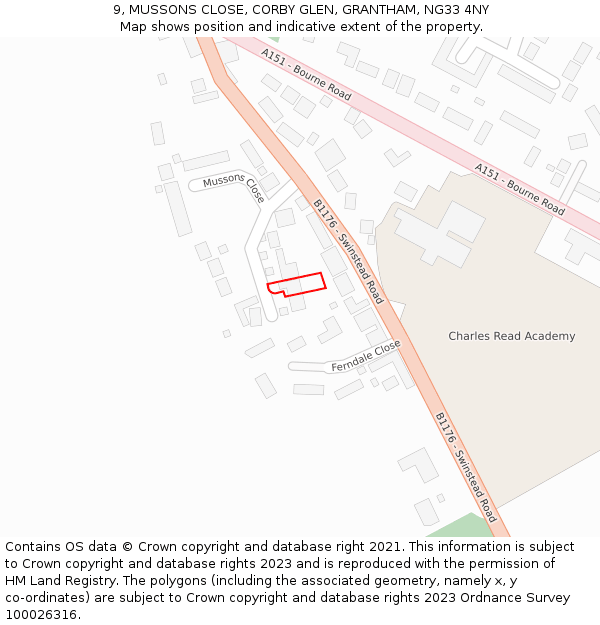 9, MUSSONS CLOSE, CORBY GLEN, GRANTHAM, NG33 4NY: Location map and indicative extent of plot