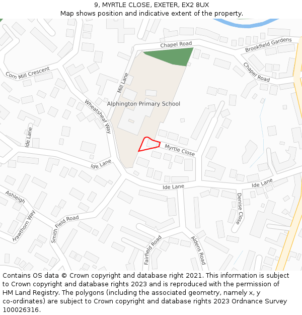 9, MYRTLE CLOSE, EXETER, EX2 8UX: Location map and indicative extent of plot