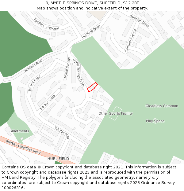 9, MYRTLE SPRINGS DRIVE, SHEFFIELD, S12 2RE: Location map and indicative extent of plot