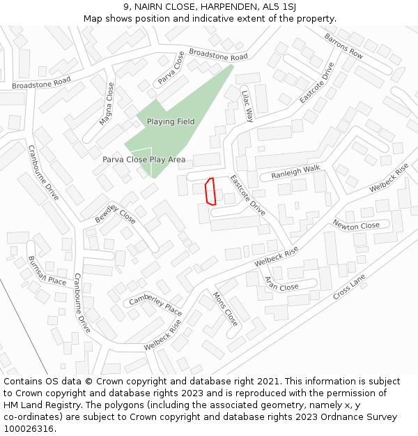 9, NAIRN CLOSE, HARPENDEN, AL5 1SJ: Location map and indicative extent of plot