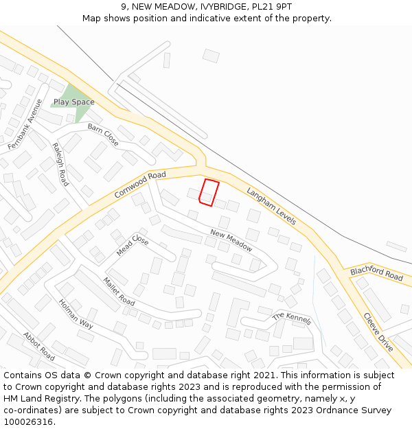 9, NEW MEADOW, IVYBRIDGE, PL21 9PT: Location map and indicative extent of plot