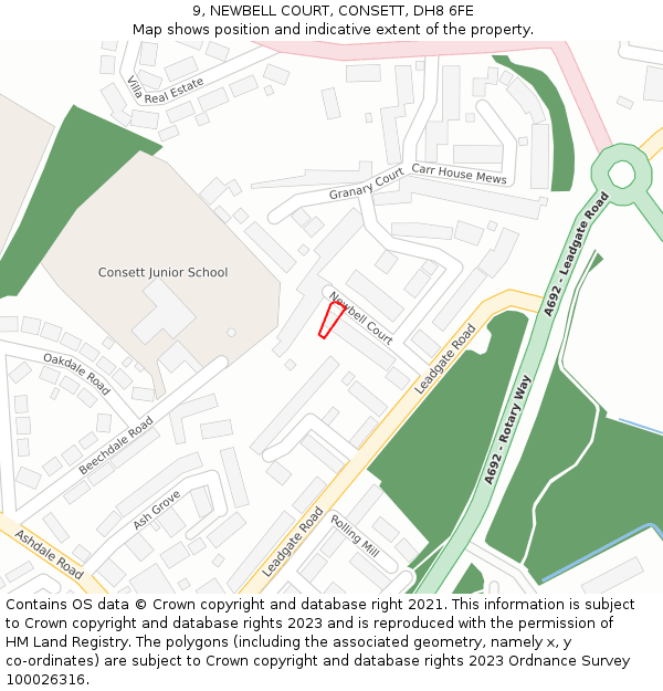 9, NEWBELL COURT, CONSETT, DH8 6FE: Location map and indicative extent of plot