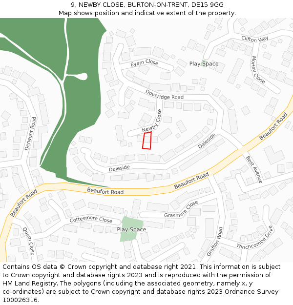 9, NEWBY CLOSE, BURTON-ON-TRENT, DE15 9GG: Location map and indicative extent of plot