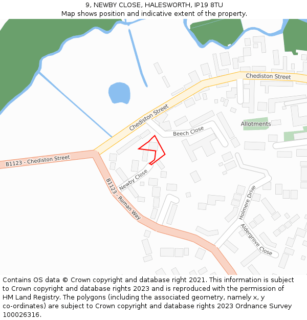 9, NEWBY CLOSE, HALESWORTH, IP19 8TU: Location map and indicative extent of plot