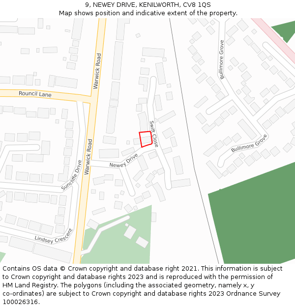9, NEWEY DRIVE, KENILWORTH, CV8 1QS: Location map and indicative extent of plot