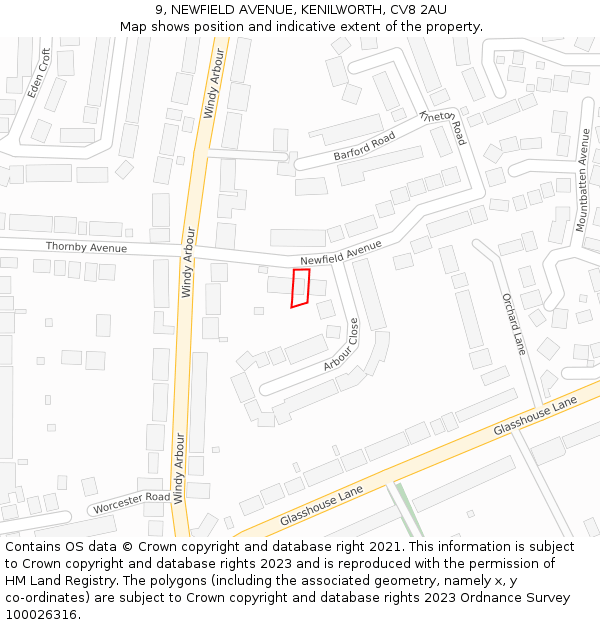 9, NEWFIELD AVENUE, KENILWORTH, CV8 2AU: Location map and indicative extent of plot