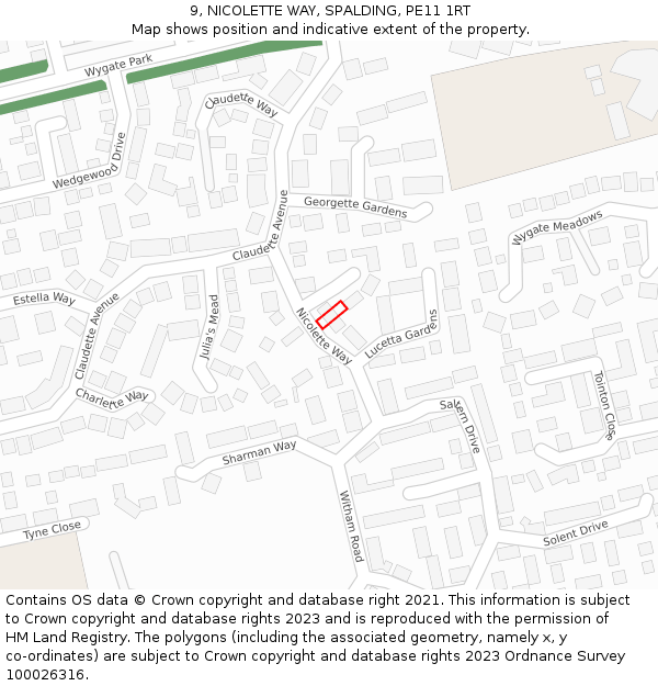 9, NICOLETTE WAY, SPALDING, PE11 1RT: Location map and indicative extent of plot