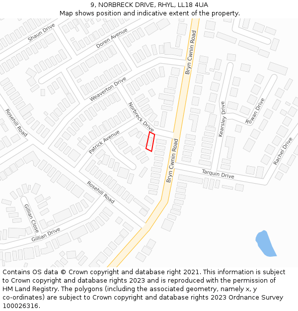 9, NORBRECK DRIVE, RHYL, LL18 4UA: Location map and indicative extent of plot
