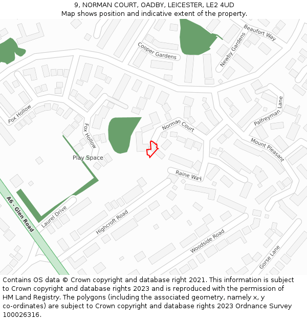 9, NORMAN COURT, OADBY, LEICESTER, LE2 4UD: Location map and indicative extent of plot