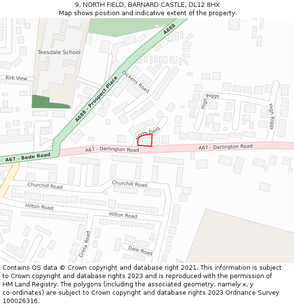 9, NORTH FIELD, BARNARD CASTLE, DL12 8HX: Location map and indicative extent of plot