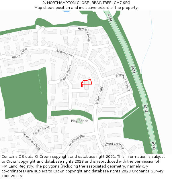 9, NORTHAMPTON CLOSE, BRAINTREE, CM7 9FG: Location map and indicative extent of plot
