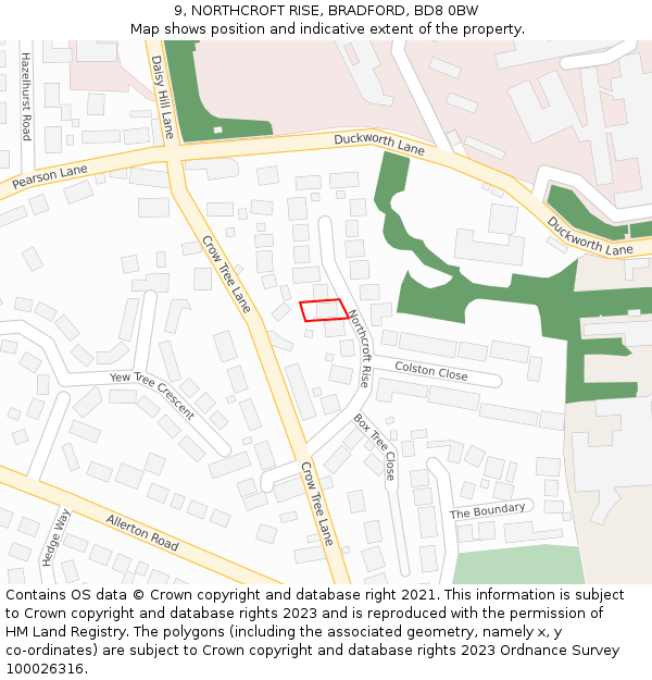 9, NORTHCROFT RISE, BRADFORD, BD8 0BW: Location map and indicative extent of plot