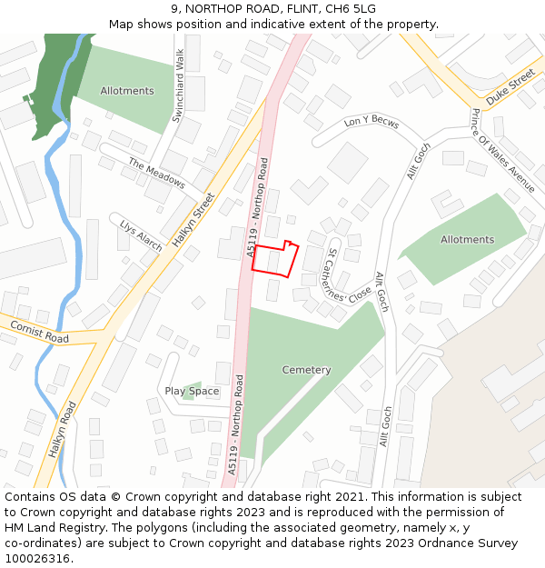 9, NORTHOP ROAD, FLINT, CH6 5LG: Location map and indicative extent of plot