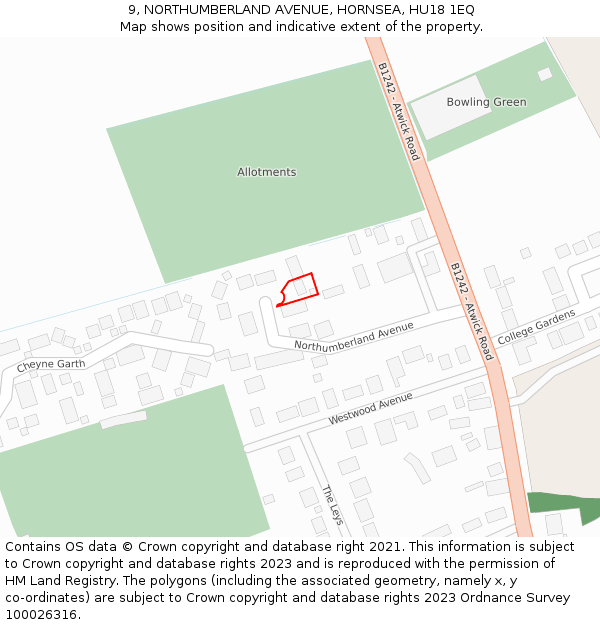 9, NORTHUMBERLAND AVENUE, HORNSEA, HU18 1EQ: Location map and indicative extent of plot