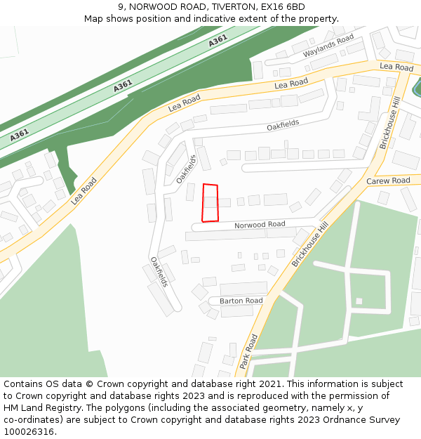 9, NORWOOD ROAD, TIVERTON, EX16 6BD: Location map and indicative extent of plot