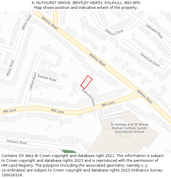 9, NUTHURST GROVE, BENTLEY HEATH, SOLIHULL, B93 8PD: Location map and indicative extent of plot