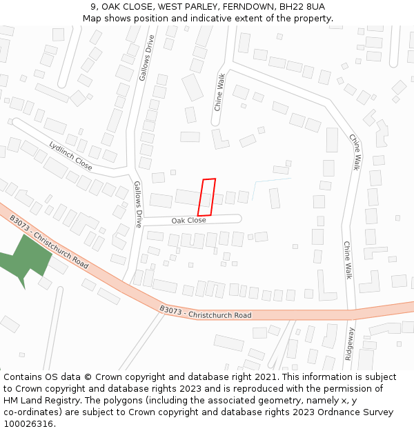 9, OAK CLOSE, WEST PARLEY, FERNDOWN, BH22 8UA: Location map and indicative extent of plot