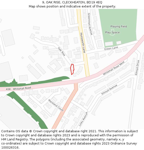 9, OAK RISE, CLECKHEATON, BD19 4EQ: Location map and indicative extent of plot