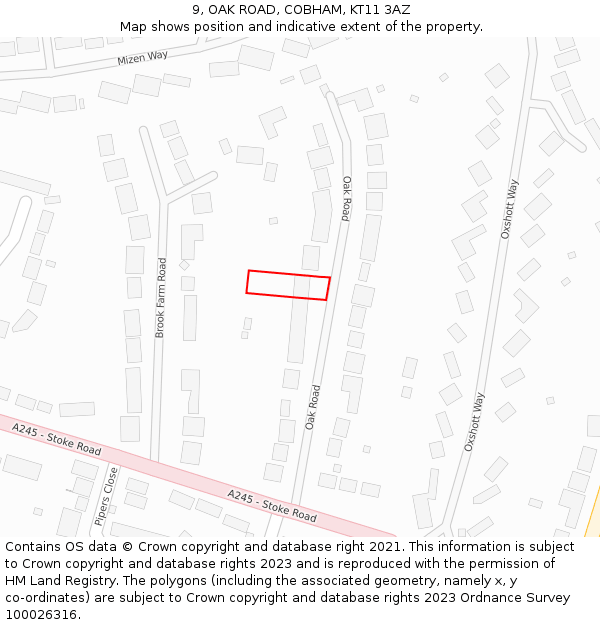 9, OAK ROAD, COBHAM, KT11 3AZ: Location map and indicative extent of plot