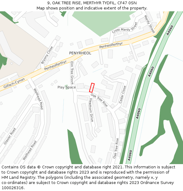 9, OAK TREE RISE, MERTHYR TYDFIL, CF47 0SN: Location map and indicative extent of plot