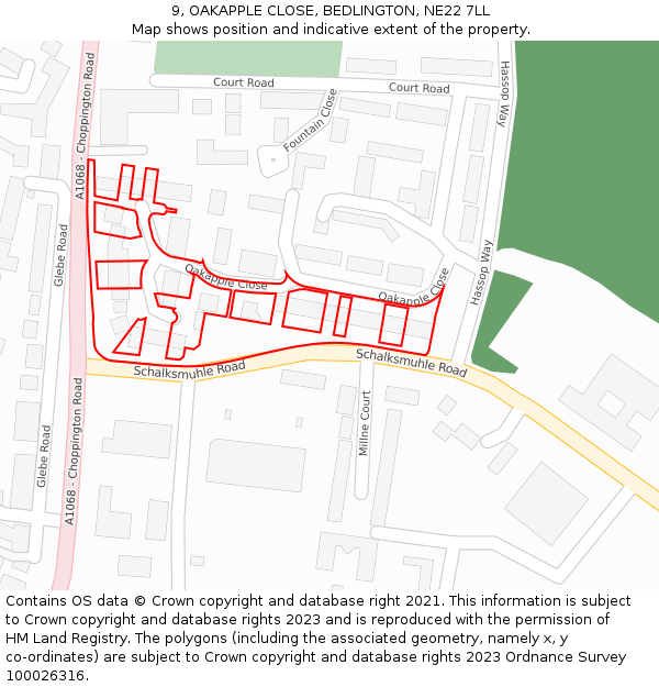 9, OAKAPPLE CLOSE, BEDLINGTON, NE22 7LL: Location map and indicative extent of plot