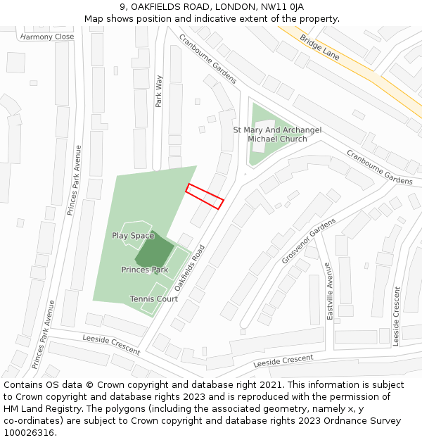 9, OAKFIELDS ROAD, LONDON, NW11 0JA: Location map and indicative extent of plot