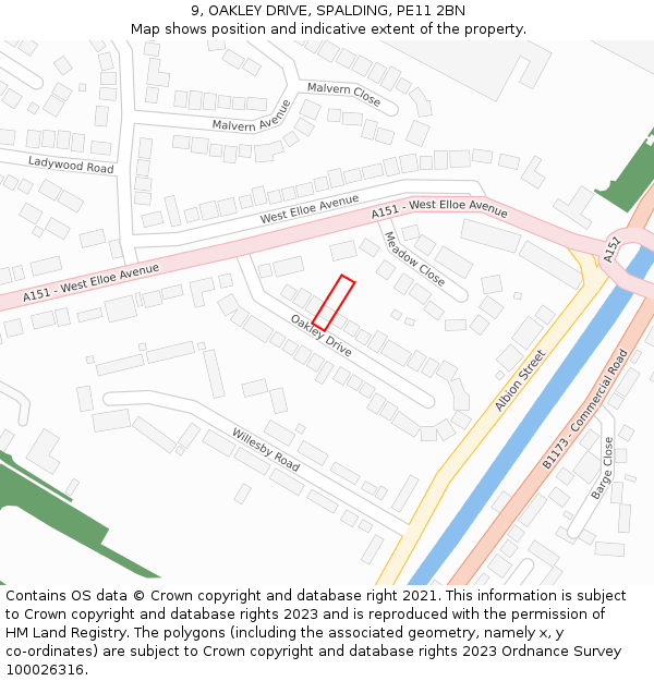 9, OAKLEY DRIVE, SPALDING, PE11 2BN: Location map and indicative extent of plot