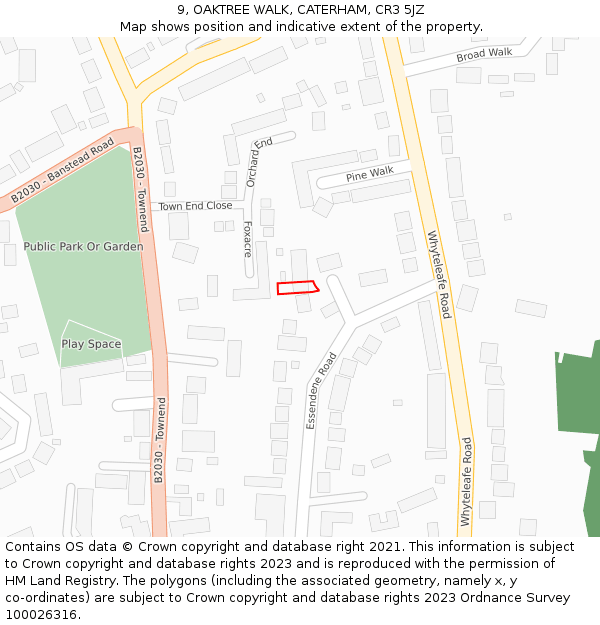 9, OAKTREE WALK, CATERHAM, CR3 5JZ: Location map and indicative extent of plot