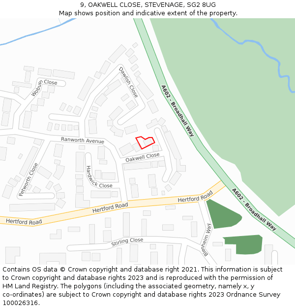 9, OAKWELL CLOSE, STEVENAGE, SG2 8UG: Location map and indicative extent of plot