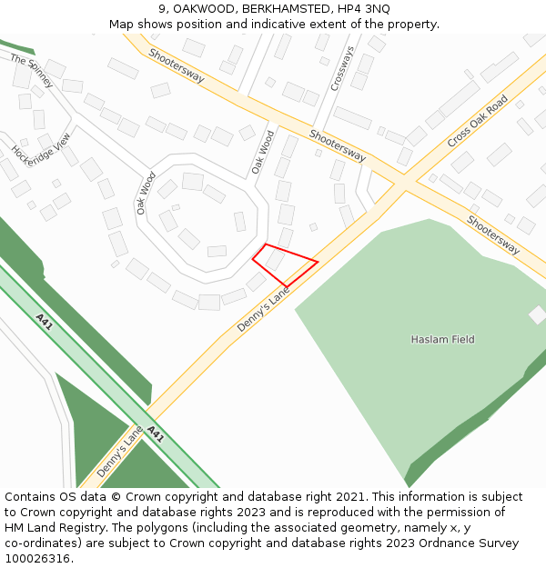 9, OAKWOOD, BERKHAMSTED, HP4 3NQ: Location map and indicative extent of plot