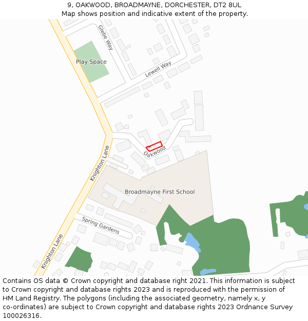 9, OAKWOOD, BROADMAYNE, DORCHESTER, DT2 8UL: Location map and indicative extent of plot