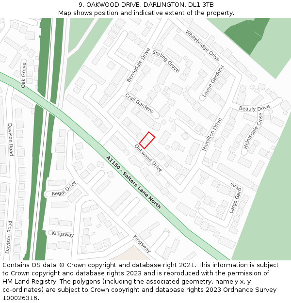 9, OAKWOOD DRIVE, DARLINGTON, DL1 3TB: Location map and indicative extent of plot