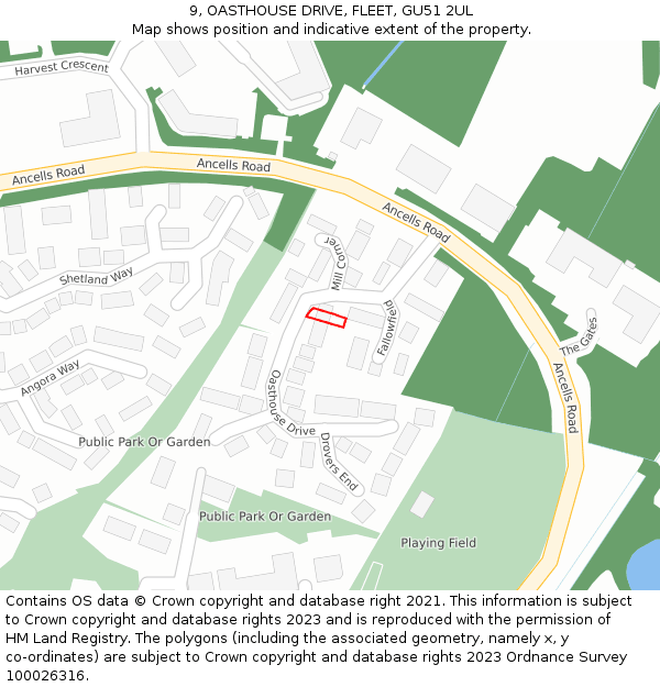 9, OASTHOUSE DRIVE, FLEET, GU51 2UL: Location map and indicative extent of plot