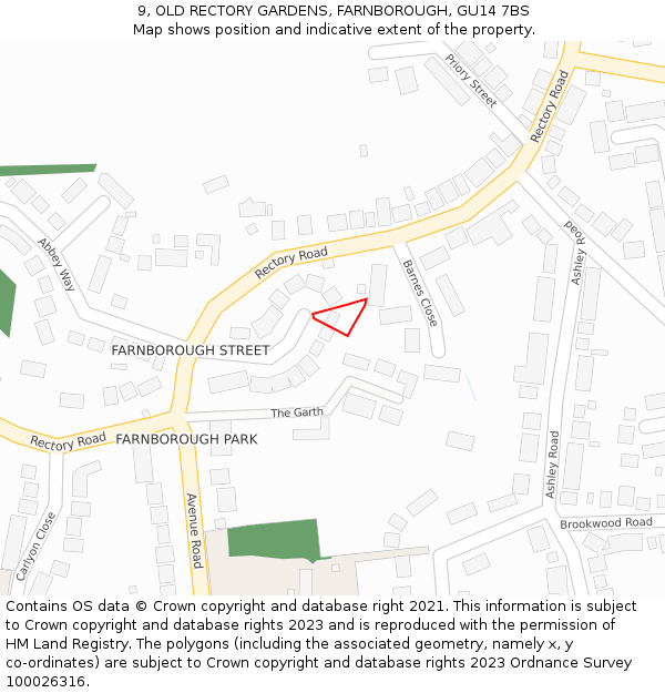 9, OLD RECTORY GARDENS, FARNBOROUGH, GU14 7BS: Location map and indicative extent of plot