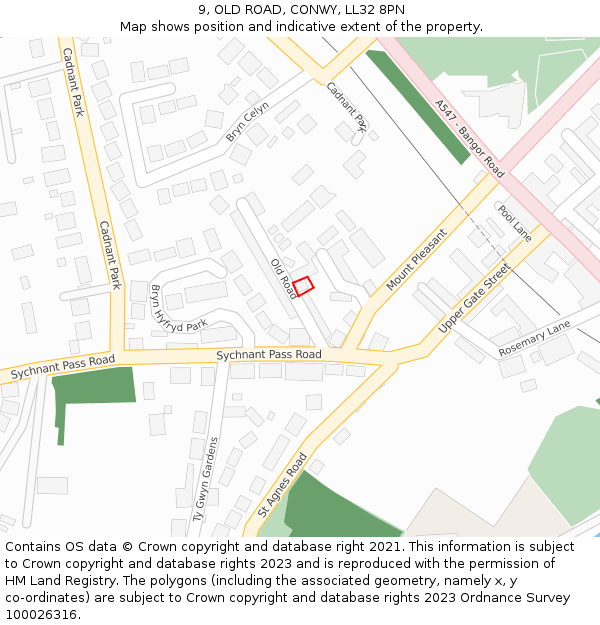 9, OLD ROAD, CONWY, LL32 8PN: Location map and indicative extent of plot