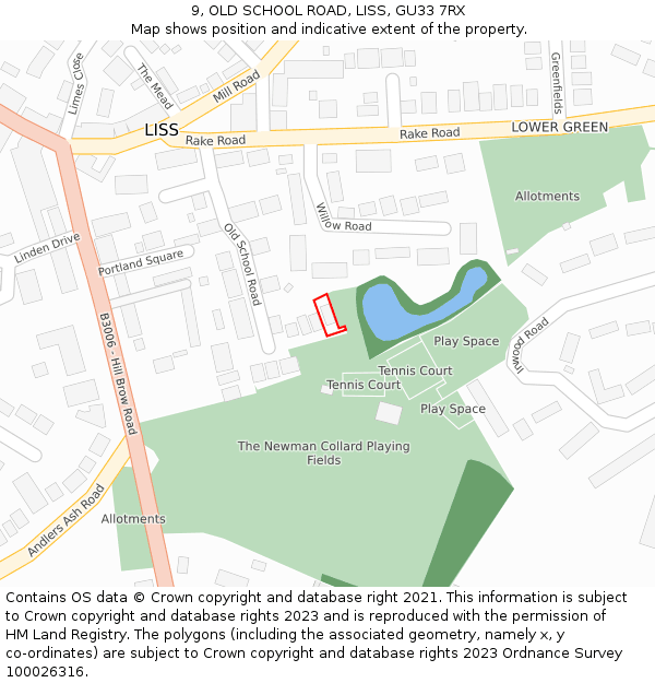 9, OLD SCHOOL ROAD, LISS, GU33 7RX: Location map and indicative extent of plot