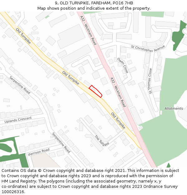 9, OLD TURNPIKE, FAREHAM, PO16 7HB: Location map and indicative extent of plot