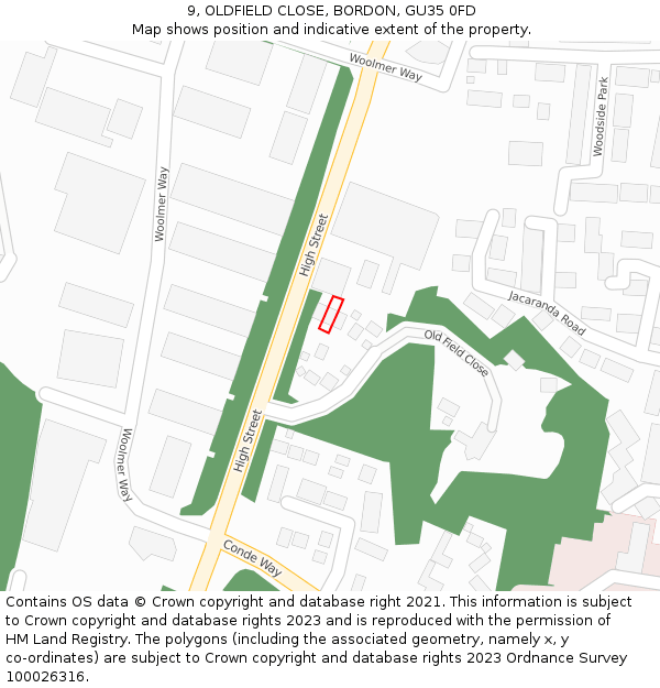 9, OLDFIELD CLOSE, BORDON, GU35 0FD: Location map and indicative extent of plot