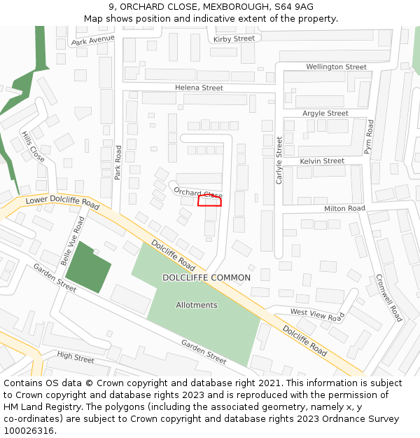 9, ORCHARD CLOSE, MEXBOROUGH, S64 9AG: Location map and indicative extent of plot