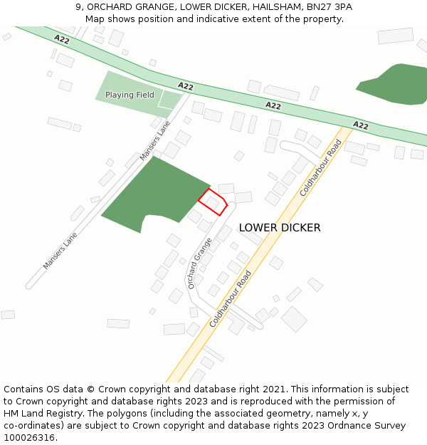 9, ORCHARD GRANGE, LOWER DICKER, HAILSHAM, BN27 3PA: Location map and indicative extent of plot