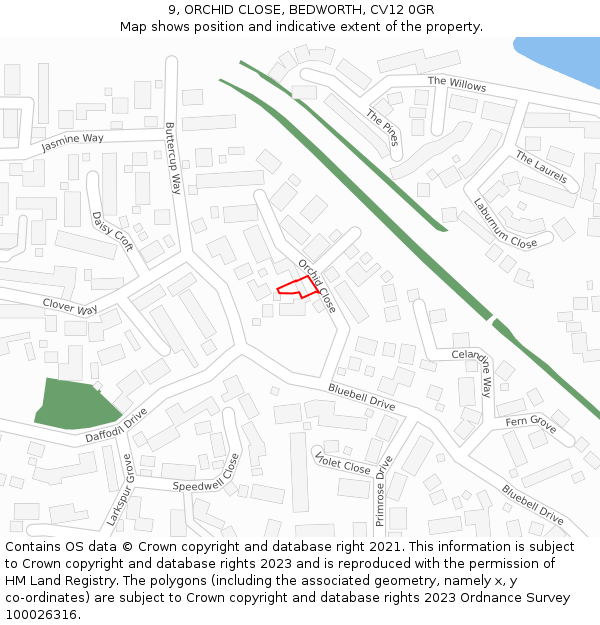 9, ORCHID CLOSE, BEDWORTH, CV12 0GR: Location map and indicative extent of plot