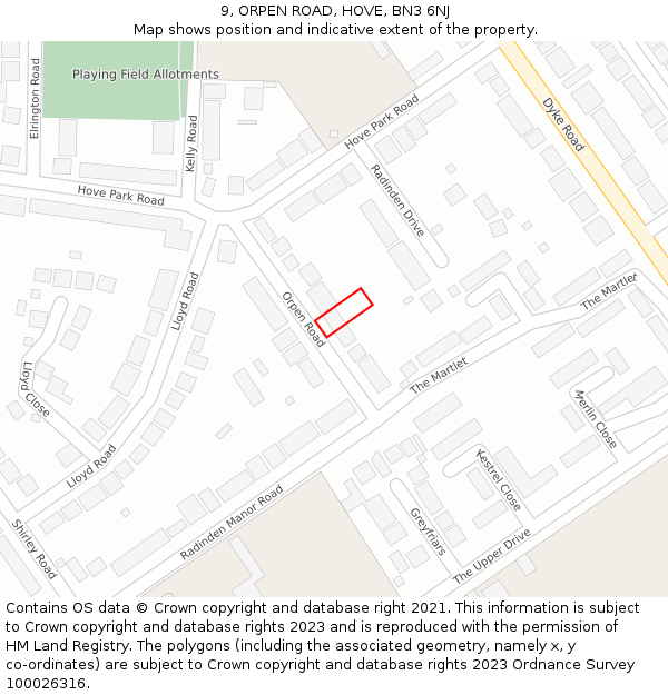 9, ORPEN ROAD, HOVE, BN3 6NJ: Location map and indicative extent of plot