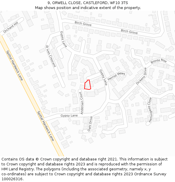 9, ORWELL CLOSE, CASTLEFORD, WF10 3TS: Location map and indicative extent of plot