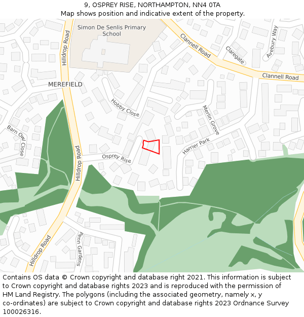9, OSPREY RISE, NORTHAMPTON, NN4 0TA: Location map and indicative extent of plot
