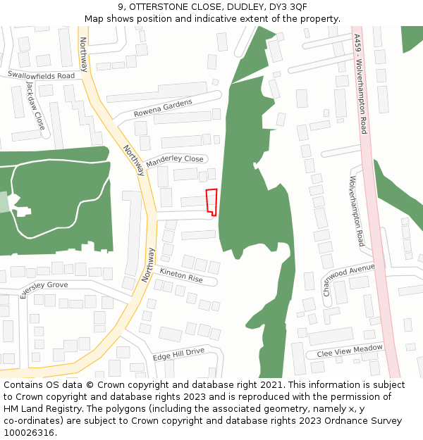 9, OTTERSTONE CLOSE, DUDLEY, DY3 3QF: Location map and indicative extent of plot
