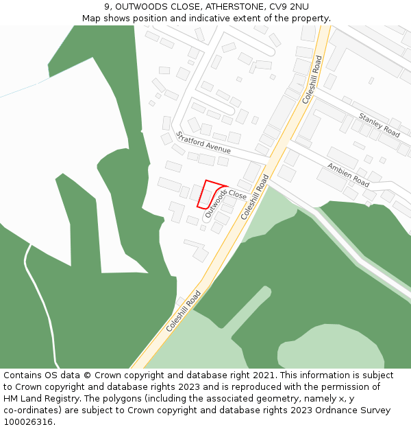 9, OUTWOODS CLOSE, ATHERSTONE, CV9 2NU: Location map and indicative extent of plot