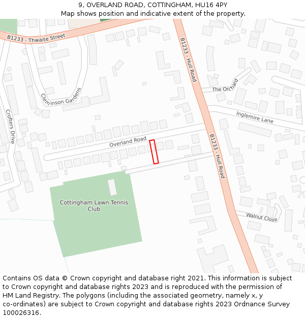 9, OVERLAND ROAD, COTTINGHAM, HU16 4PY: Location map and indicative extent of plot